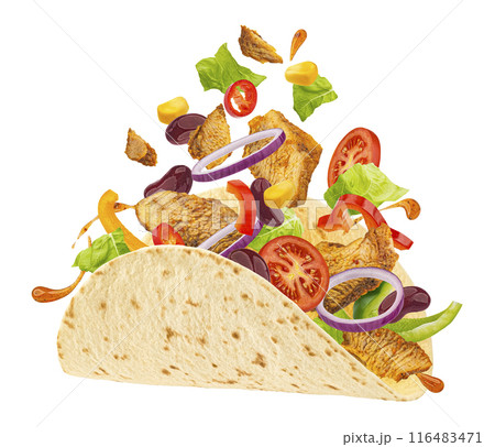 Doner kebab, falling chicken shawarma ingredients isolated on white background, full depth of field 116483471