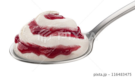 Spoon of yogurt with berry jam isolated on white background, full depth of field 116483475