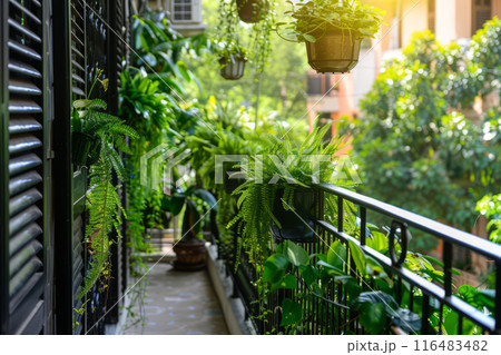 Balcony garden with various green plants. Refreshing outdoor space in an urban setting Balcony garden with various green plants. Refreshing outdoor space in an urban setting 116483482