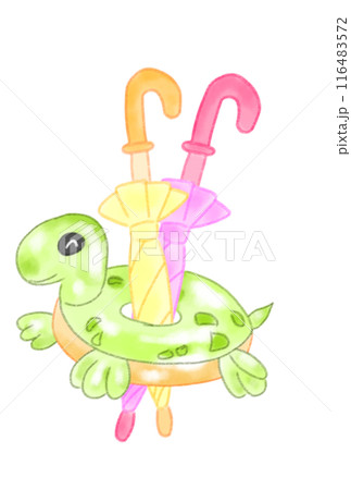 亀の浮き輪に掛かる傘 亀の浮き輪に掛かる傘 116483572