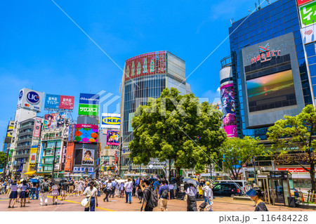日本の東京都市景観 7月。外国人観光客らで賑わう渋谷スクランブル交差点などを望む（信号待ち）＝5日 116484228