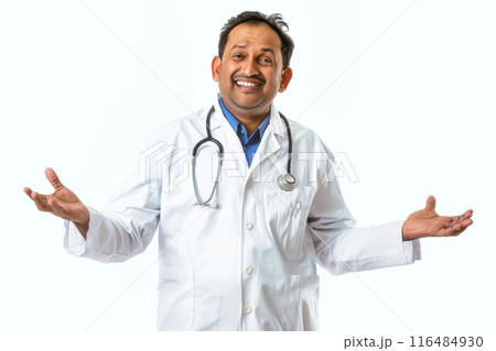 Male doctor in white coat and stethoscope smiling warmly and gesturing with both hands 116484930