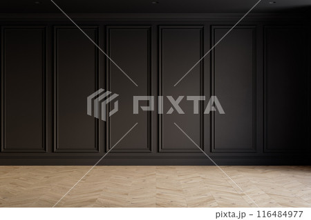 Black classic interior with blank wall with moldings and chevron wood floor. 3d render illustration mockup. 116484977