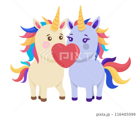 Two cute unicorns in love. Vector isolated illustration. Kissing unicorns with heart. Love concept 116485099