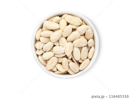Bowl plate with healthy white shelless almond nuts isolated on white background. 116485330