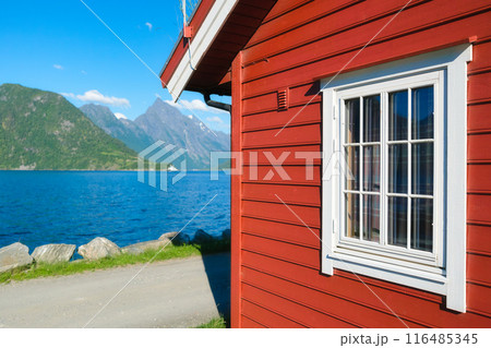 Traditional Scandinavian houses with moss on the roof.  116485345