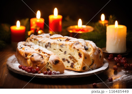 Christmas stollen cake with nuts, raisins and dried fruit 116485449