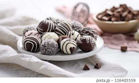 Dark, milk and white chocolate candies / pralines / truffles, assorted on wooden table. Dessert for Valentine's Day. 116485559