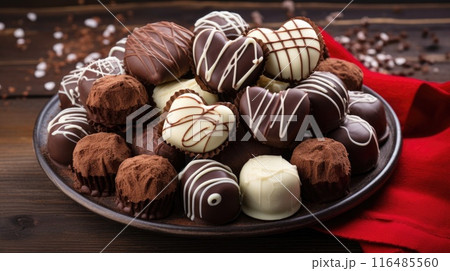 Dark, milk and white chocolate candies / pralines / truffles, assorted on wooden table. Dessert for Valentine's Day. 116485560