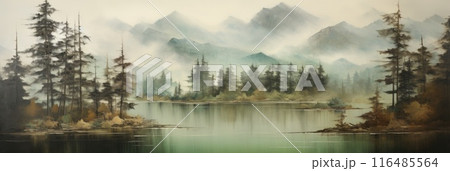 Morning mist rises from lake into trees. Beautiful scenery landscape. 116485564