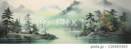 Morning mist rises from lake into trees. Beautiful scenery landscape. 116485565