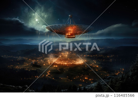 Scenery of a radio telescope on a starry night. 116485566