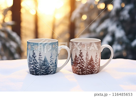 Decorated christmas coffee mug with winter forest landscape and snow. 116485653