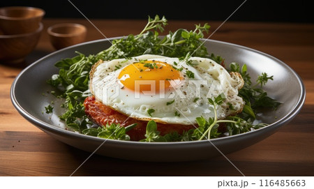 Fresh gourmet meal fried egg on plate. Fresh gourmet meal fried egg on plate. 116485663