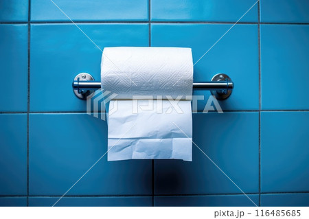 A white roll of soft toilet paper neatly hanging on a modern chrome holder. 116485685