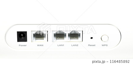 Lan, WAN ports and WPS switch on back side of modern wireless router. Lan, WAN ports and WPS switch on back side of modern wireless router. 116485892
