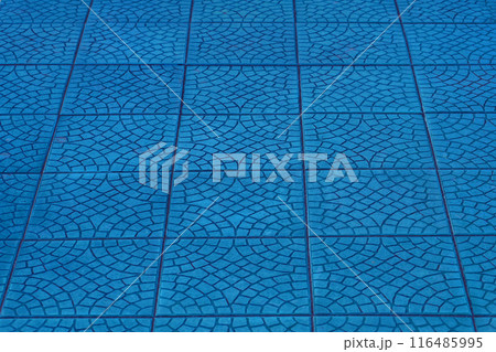 Blue floor tile stone ceramic abstract mosaic pattern surface street road city texture background backdrop navy 116485995