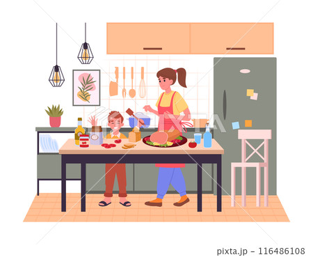 Mother with daughter cooking at home. Homemade meal preparation, family preparing food on house table flat vector illustration. Cooking with kid scene Mother with daughter cooking at home. Homemade meal preparation, family preparing food on house table flat vector illustration. Cooking with kid scene 116486108