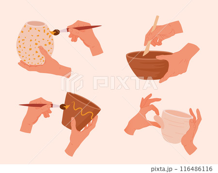 Potters hands create ceramic. Potters hands make, form and paint pots, earthenware on potters wheel flat vector illustration set. Pottery workshop process 116486116