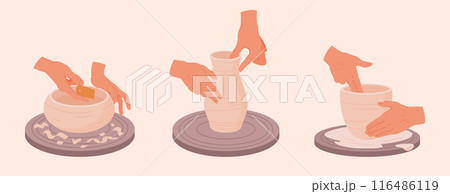 Pottery workshop. Potters hands making pots on potter's wheel flat vector illustration set. Ceramic studio potters modeling clay vases Pottery workshop. Potters hands making pots on potter's wheel flat vector illustration set. Ceramic studio potters modeling clay vases 116486119