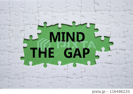 Mind the gap symbol. Concept words Mind the gap on white puzzle. Beautiful green background with succulent plant. Business and Mind the gap concept. Copy space. 116486220