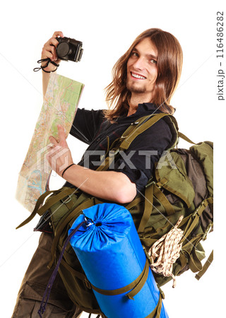 Man tourist backpacker taking photo with camera. 116486282