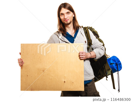 Man hiker backpacker with blank wood copy space ad 116486300