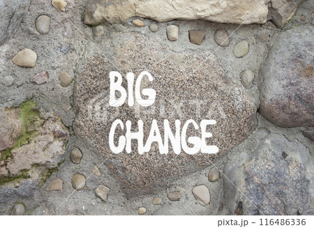 Big change symbol. Stone wall with words Big change. Beautiful stone background. Business and Big change. Copy space. 116486336