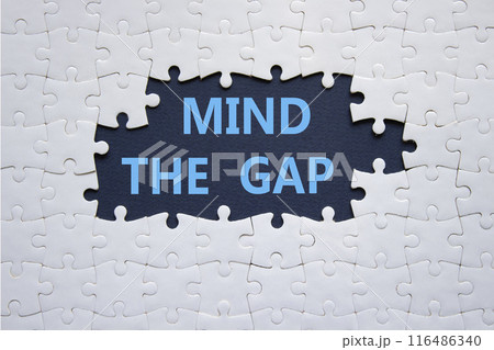 Mind the gap symbol. Concept words Mind the gap on white puzzle. Beautiful deep blue background with succulent plant. Business and Mind the gap concept. Copy space. Mind the gap symbol. Concept words Mind the gap on white puzzle. Beautiful deep blue background with succulent plant. Business and Mind the gap concept. Copy space. 116486340