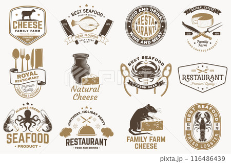 Set of cheese family farm, seafood and Restaurant retro badge. Vector. For seafood emblem, sign, patch, shirt, menu restaurants with cheese, tuna, trout, shrimp, octopus crab mussels and clams Set of cheese family farm, seafood and Restaurant retro badge. Vector. For seafood emblem, sign, patch, shirt, menu restaurants with cheese, tuna, trout, shrimp, octopus crab mussels and clams 116486439