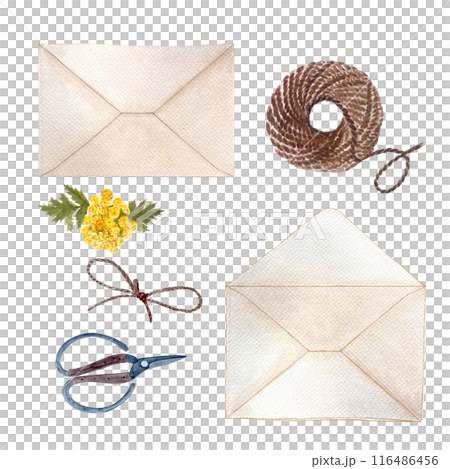 Envelope close and open, scissors, jute rope, tansy watercolor set isolated on white. Hand drawn high quality art. Simple style illustration for stationary, cards, notebooks and packages design Envelope close and open, scissors, jute rope, tansy watercolor set isolated on white. Hand drawn high quality art. Simple style illustration for stationary, cards, notebooks and packages design 116486456