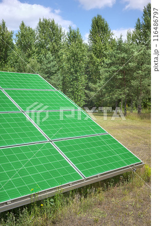 Photo of green solar panels, selective focus. 116486797