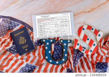 An application for registration as US voter is ready for submission for presidential election of 2024. An application for registration as US voter is ready for submission for presidential election of 2024. 116486916