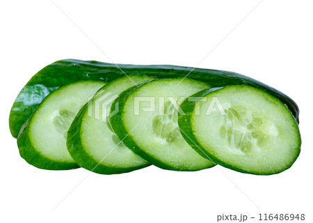 Sliced cucumber and half cucumber isolate on white background. Sliced cucumber and half cucumber isolate on white background. 116486948