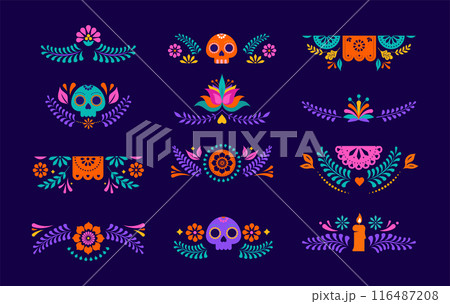 Mexican decorative frames and borders, colorful vector collection. Flowers, paper garlands, skulls 116487208