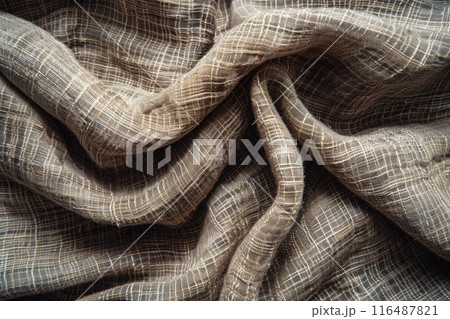 Textured Plaid Fabric Close-up Detail in Natural Earthy Tones. High quality photo 116487821
