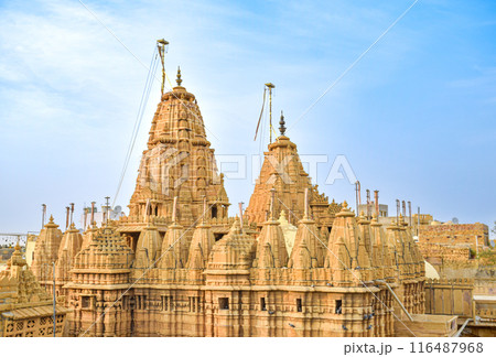 Views of Cenotaphs in Jaisalmer Fort, designs in desert yellow tones 116487968