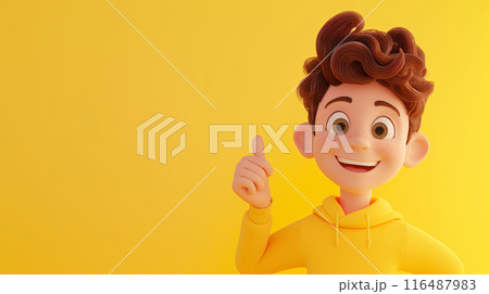 Cheerful Animated Character Giving Thumbs Up Against Yellow Background 116487983