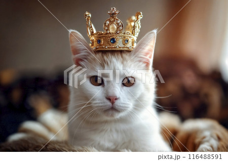 White royal cat with gold crown on blurred background. Soft selective focus 116488591