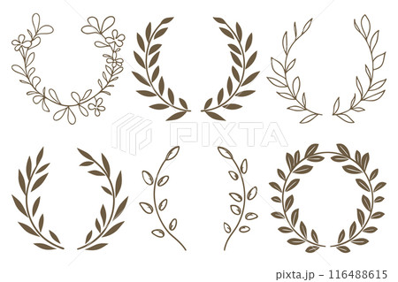 Set leafs and flowers frame decoration. Botanical branch, simple wreath and garland collection. Minimalistic vector border Set leafs and flowers frame decoration. Botanical branch, simple wreath and garland collection. Minimalistic vector border 116488615