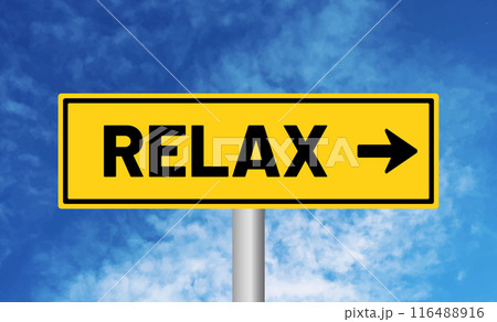 Relax road sign on blue sky background Relax road sign on blue sky background 116488916