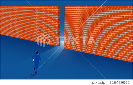 障害を乗り越える: ビジネスマンがレンガの壁の隙間に向かって走る - ビジネス成功、フラットイラスト 障害を乗り越える: ビジネスマンがレンガの壁の隙間に向かって走る - ビジネス成功、フラットイラスト 116489095