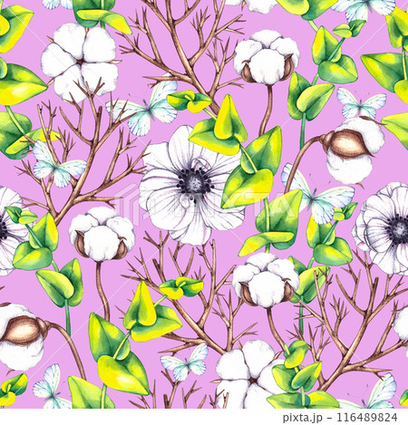 Watercolor floral pattern with eucalyptus, dry branches, cotton 116489824