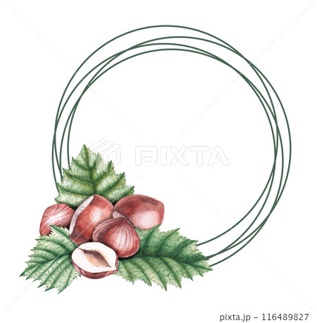 Watercolor frame of hazelnuts and leaves Watercolor frame of hazelnuts and leaves 116489827