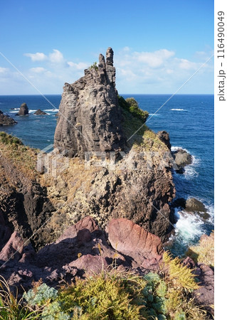 日本海の水平線を背景に島根半島北端にそびえ立つ多古の石柱　Ver1 116490049