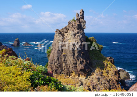 日本海の水平線を背景に島根半島北端にそびえ立つ多古の石柱　Ver3 116490051