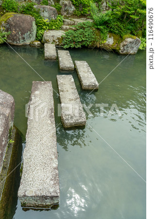 滋賀県東近江市 新緑の百済寺の池泉回遊式庭園と八橋のある池 滋賀県東近江市 新緑の百済寺の池泉回遊式庭園と八橋のある池 116490676