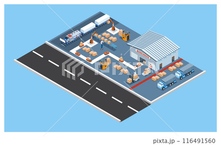One-stop Warehouse Automation Solutions with Automated Guided Vehicles (AGVs) and Autonomous Mobile Robots (AMRs) concept. Vector illustration eps10 One-stop Warehouse Automation Solutions with Automated Guided Vehicles (AGVs) and Autonomous Mobile Robots (AMRs) concept. Vector illustration eps10 116491560