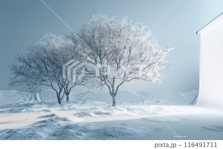 Winter Wonderland with Snow-Covered Trees and Frosty Landscape Under Clear Blue Sky Winter Wonderland with Snow-Covered Trees and Frosty Landscape Under Clear Blue Sky 116491711
