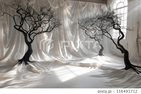 Ethereal Indoor Art Installation with Sculptural Trees and Flowing White Fabric 116491712
